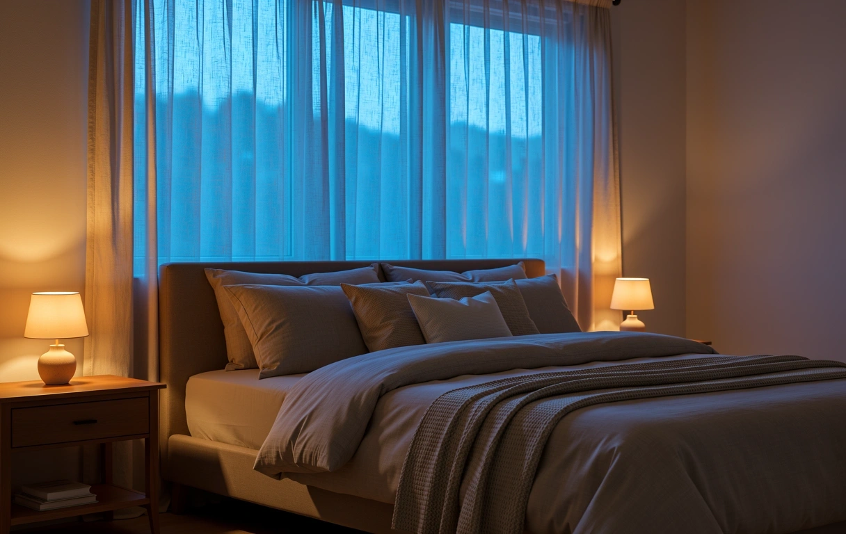 Atmosphärisches Schlafzimmer bei Dämmerung